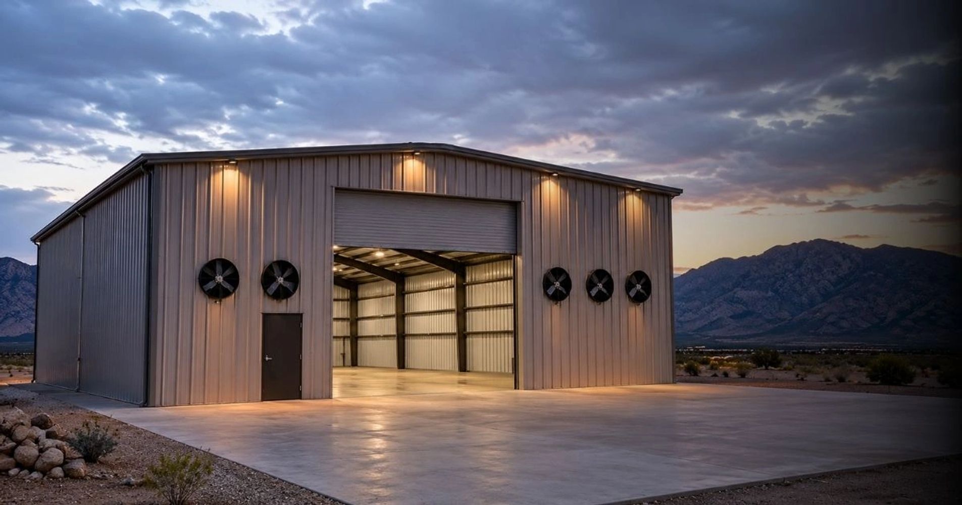 Custom steel building in Southern Nevada by BKV Specialty Solutions with desert mountain views.