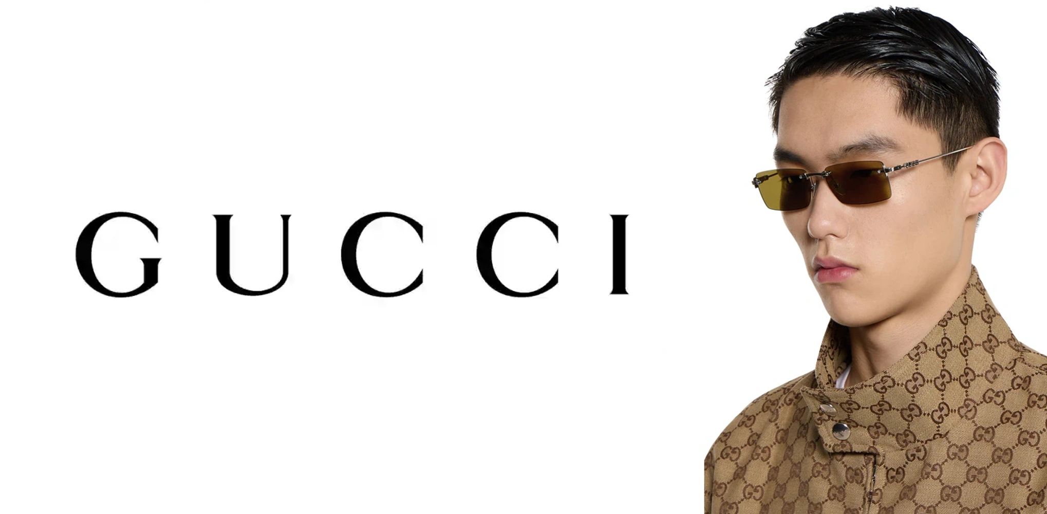 Man in Gucci sunglasses and monogram jacket with Gucci logo.