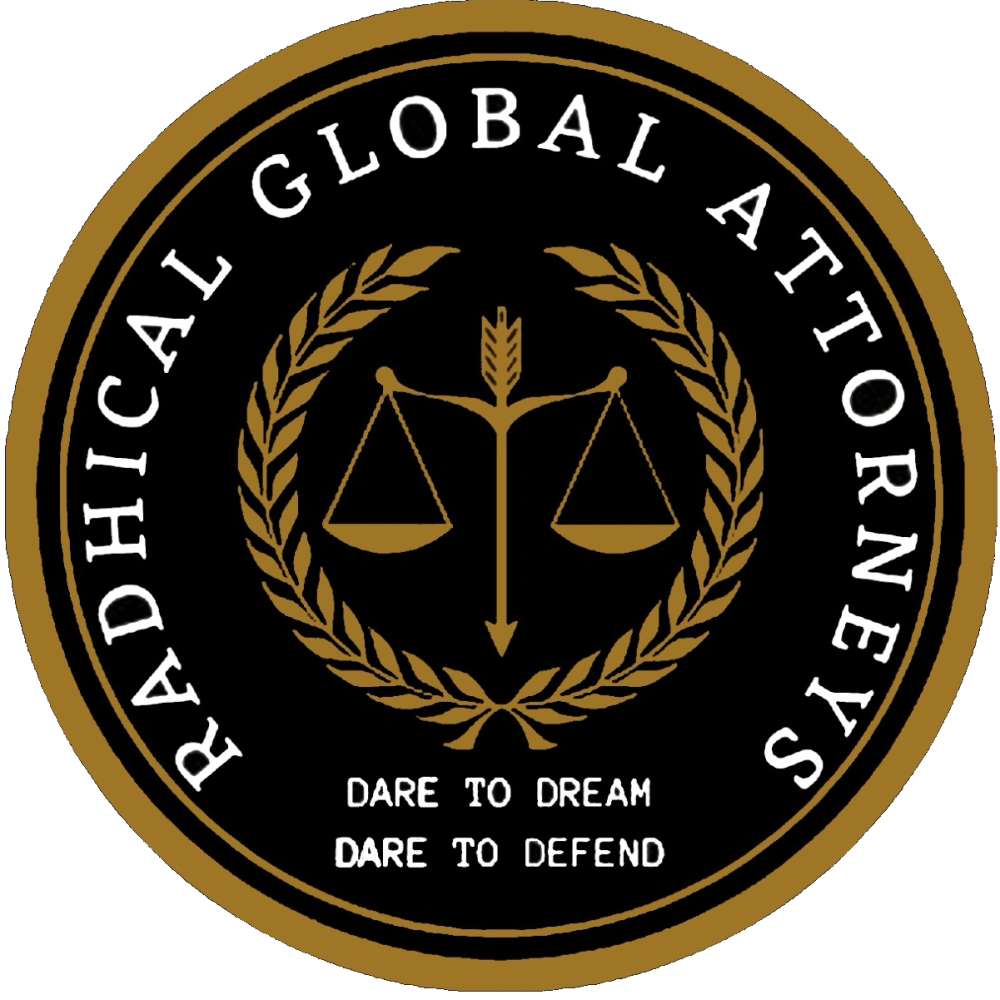 Emblem of Radhical Global Attorneys with scales of justice and laurel wreath.