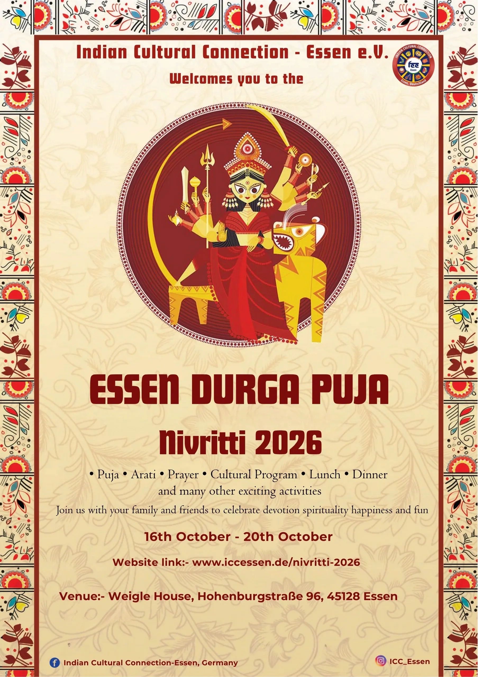 Einladung zur Essen Durga Puja 2026 mit kulturellen Aktivitäten.