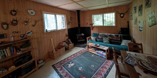 Cozy cabin room with wooden walls and hunting decor.
