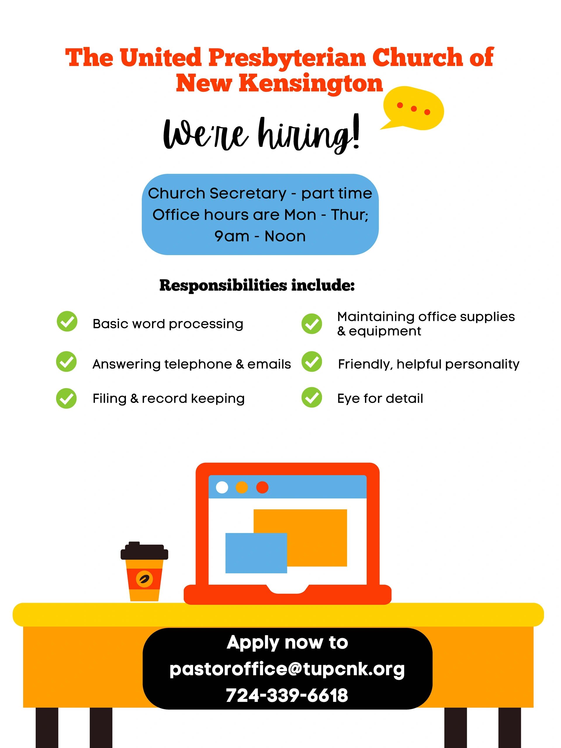Church secretary part-time job at United Presbyterian Church of New Kensington.
