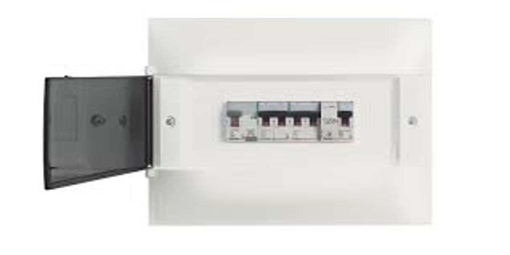 Electrical circuit breaker panel with five switches and a transparent door.