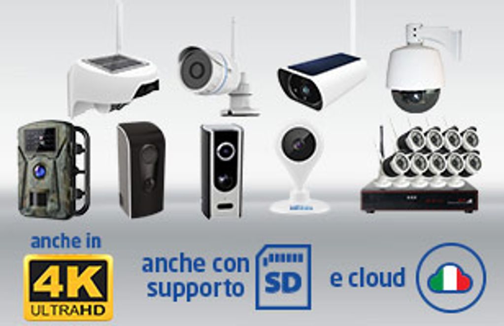 Various security cameras with 4K, SD card, and cloud support icons below.