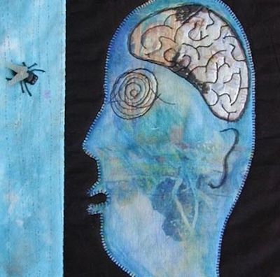 Blue Man Wall Quilt. Hand dyed painted, printed, stitched, found object.