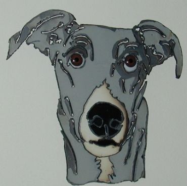 Artistic illustration of a dog's head with detailed facial features.
