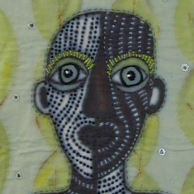 Quilted wall piece. Hand dye painted, beaded, mirrors, hand and machine stitch.