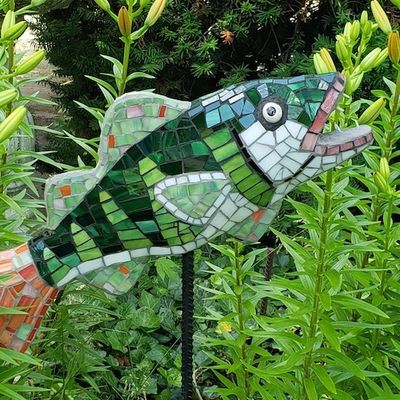 Mosaic Fish. Steel, concrete, stained glass, porcelain, mortar, rebar, PVC.