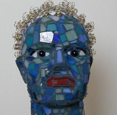 Blue Man Mosaic Lamp. Resin, stained glass, wire, marbles, LED lights, adhesives, mortar.