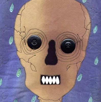Skeleton Quilt. Hand dyed fabric, machine stitched, glass, buttons.