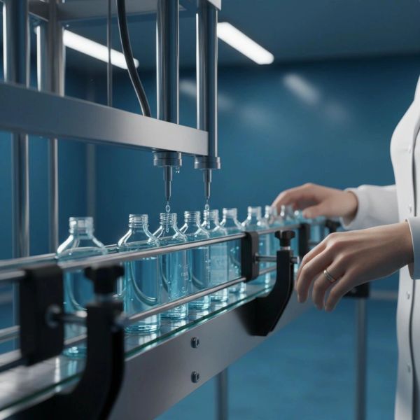 Automated filling of glass bottles in a sterile factory environment.