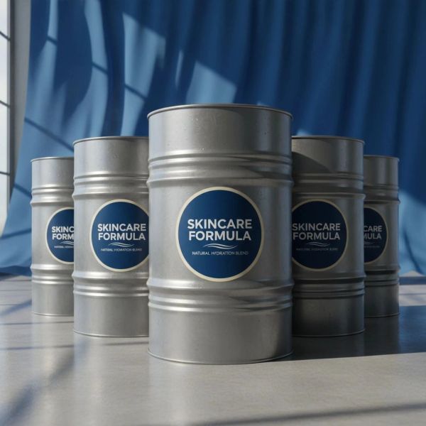 Metal containers labeled Skincare Formula arranged in a row.
