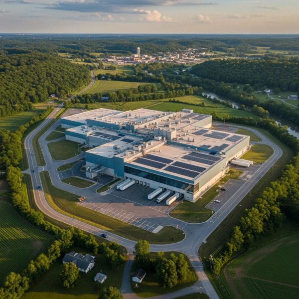 A large industrial facility surrounded by greenery and roads.