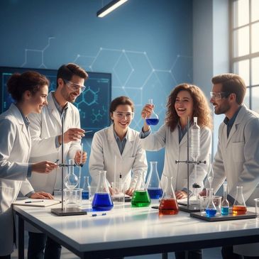 Scientists in lab coats conducting colorful chemical experiments together.