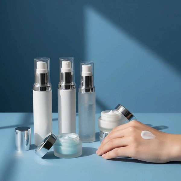 Skincare products with creams and lotions on a blue surface.