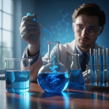 Scientist adding blue liquid to flask in a lab setting.