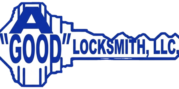 A blue and white key-shaped logo for "A Good" Locksmith, LLC.