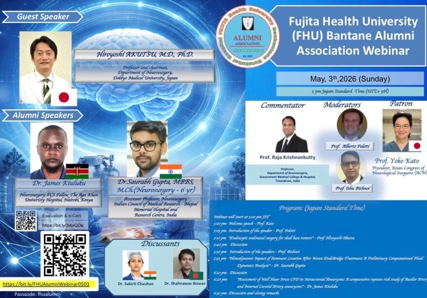 Webinar poster for Fujita Health University Bantane Alumni Association featuring global neurosurgery experts.