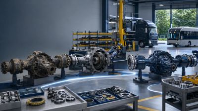 Automotive axles and parts displayed in a workshop.