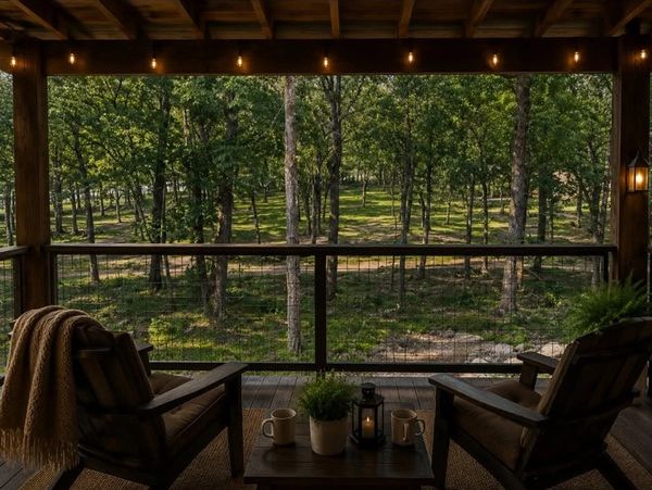 Cozy porch with chairs overlooking a forest.