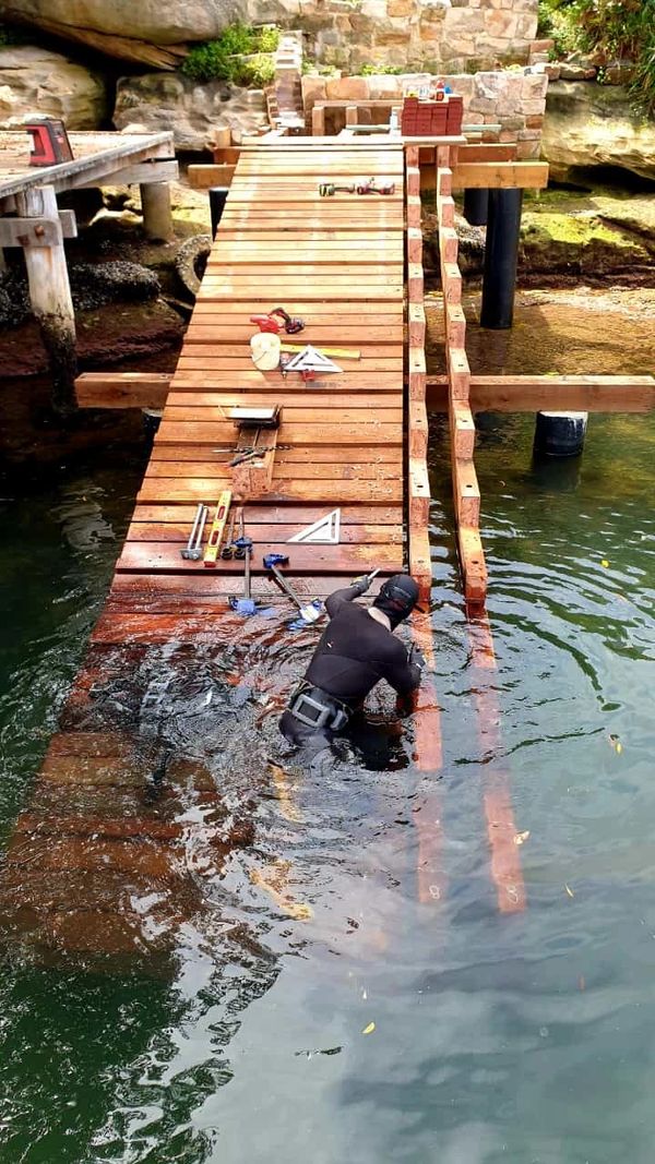 Timber skid ramp construction. Commercial diving. Marine carpentry. Hunters Hill