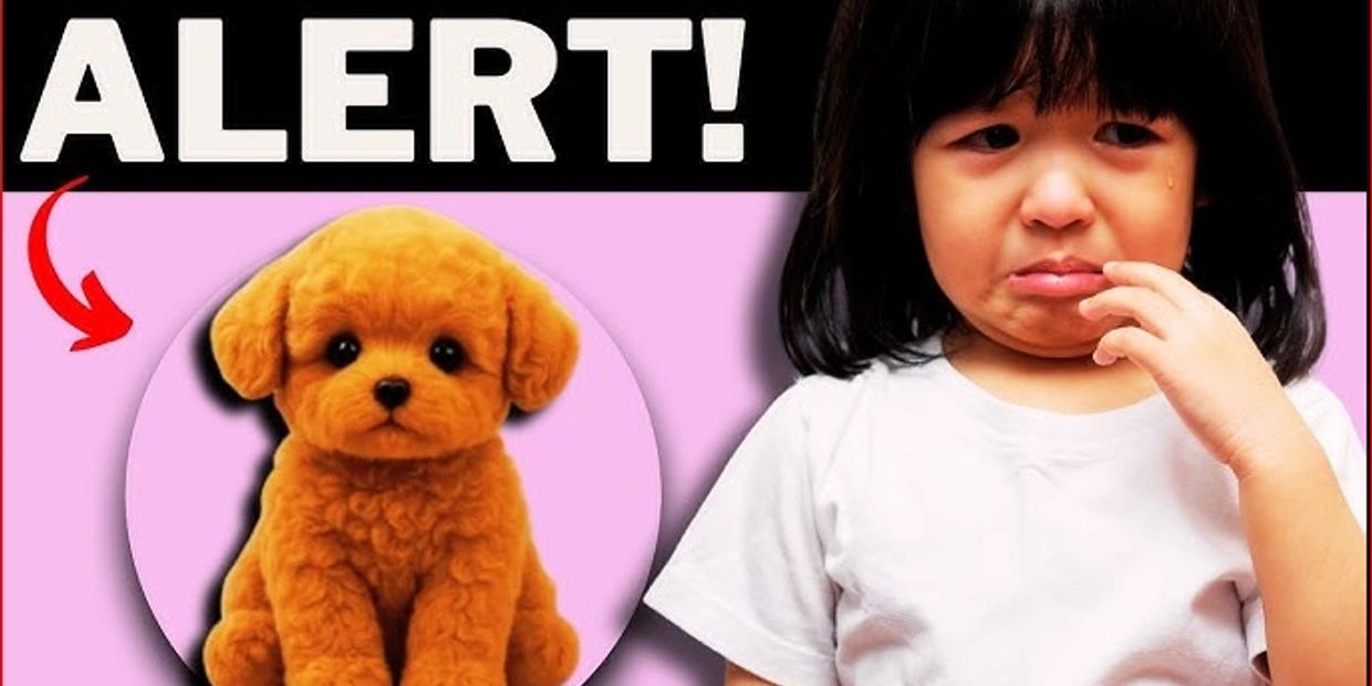 Alert about a sad child and a cute puppy illustration.