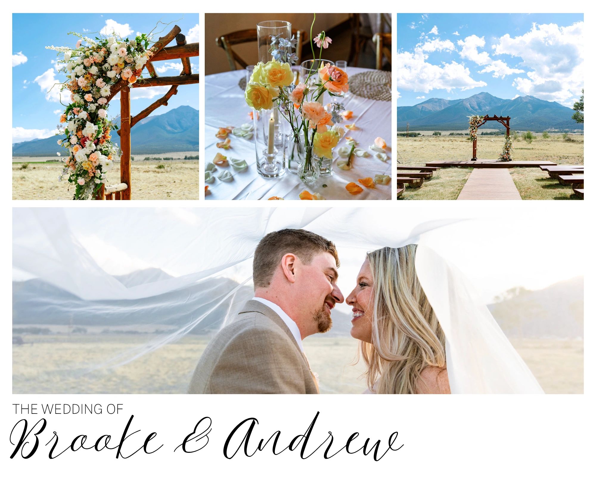 Wedding arch, floral centerpiece, and happy couple with veil.