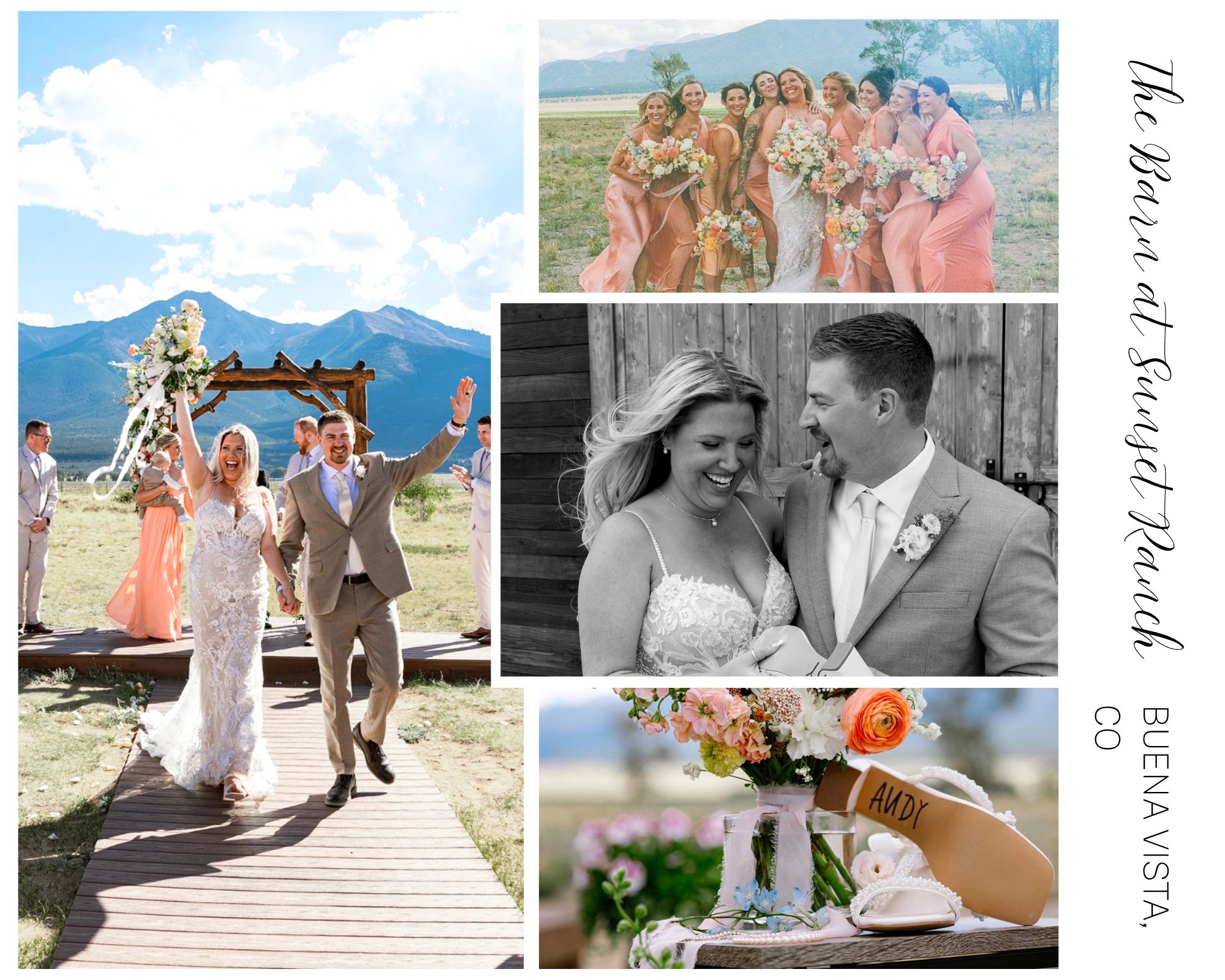 A joyful wedding with the bride and groom, bridesmaids, and wedding flowers.