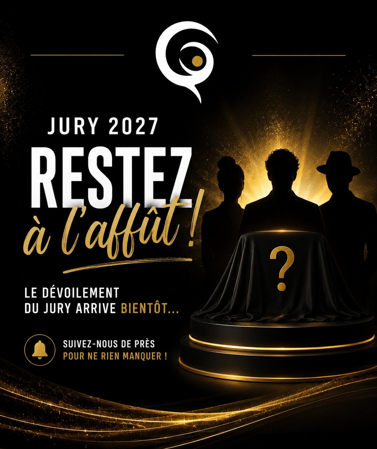 Annonce mystérieuse du jury 2027 avec silhouettes et point d'interrogation doré.