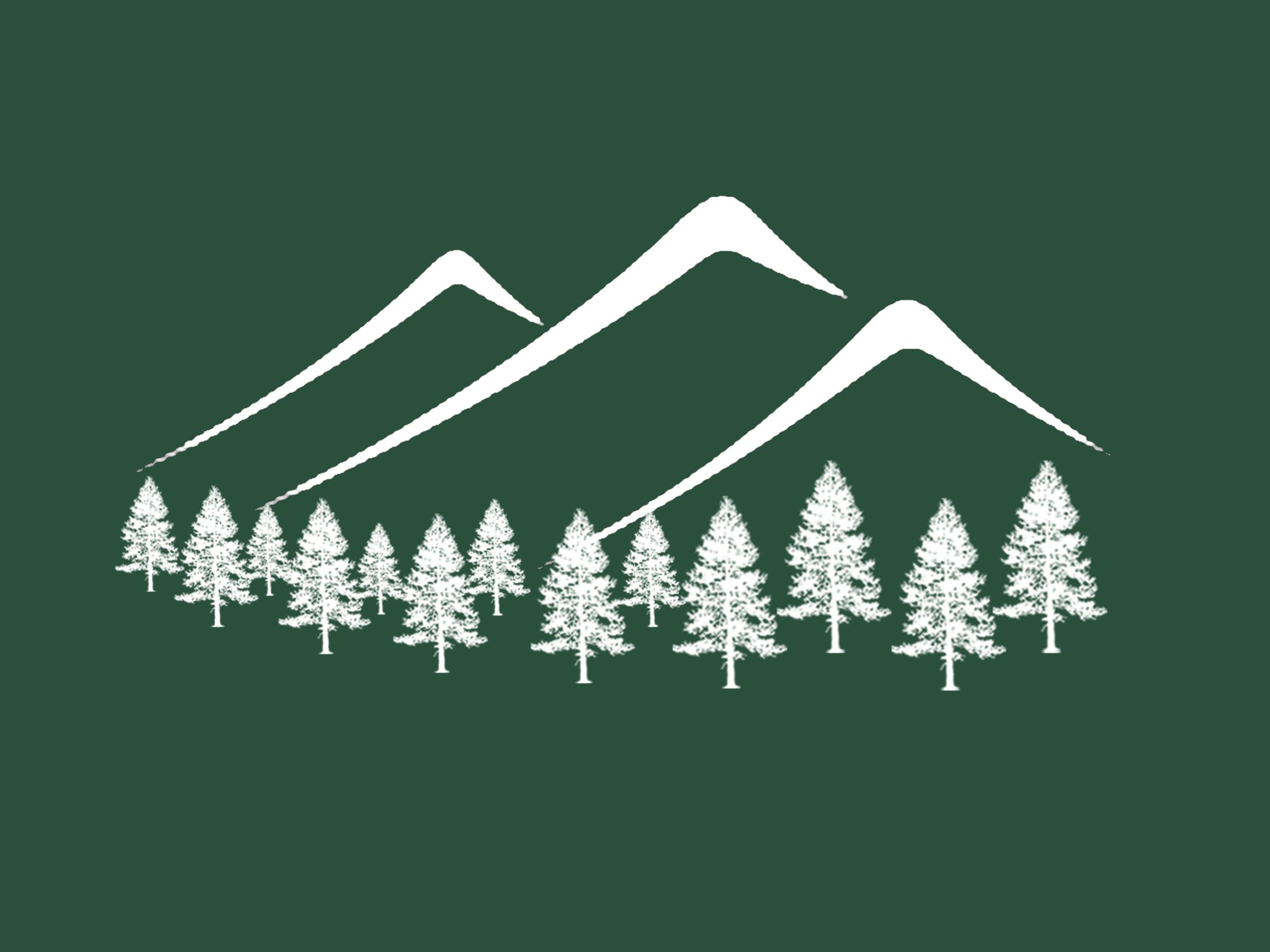 Minimalist white mountain and forest design on green background.