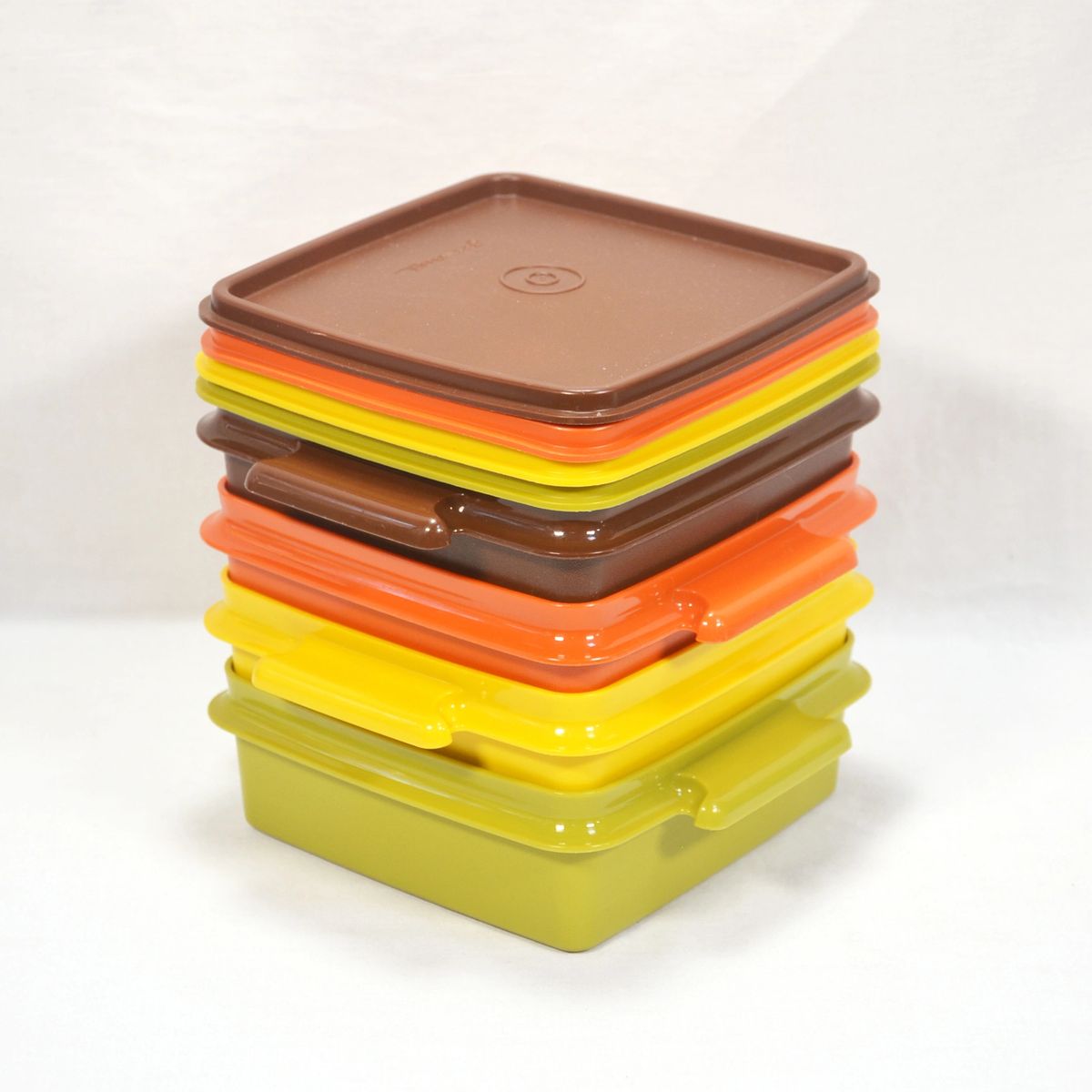 1970s Tupperware 8pc Square Sandwich Keeper and Lids in Harvest Colors 1362