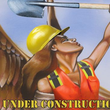 Woman construction worker with wings lifting a shovel.