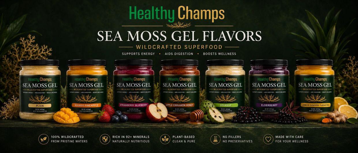Healthy Champs Sea Moss Gel flavors banner with seven flavored jars