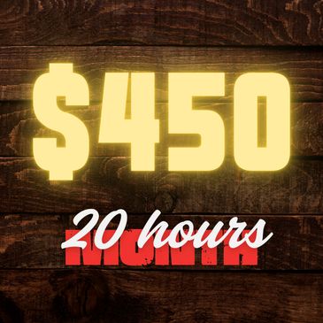 Glowing $450 price with "20 hours" replacing "month" on wooden background.