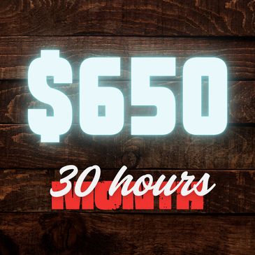 Big $650 sign with '30 hours' over a red crossed-out 'month' on wooden background.