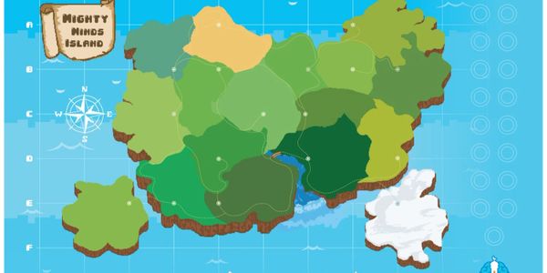 Colorful fantasy map of Mighty Winds Island with diverse terrains and a compass.