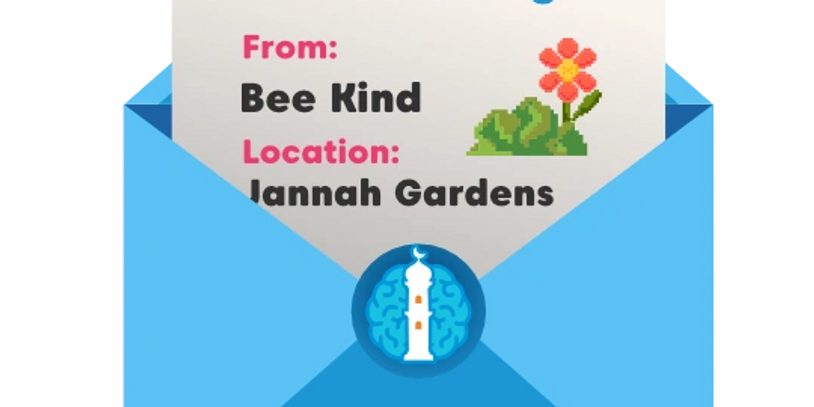 Blue envelope with a message from Bee Kind at Jannah Gardens by Mighty Minds.