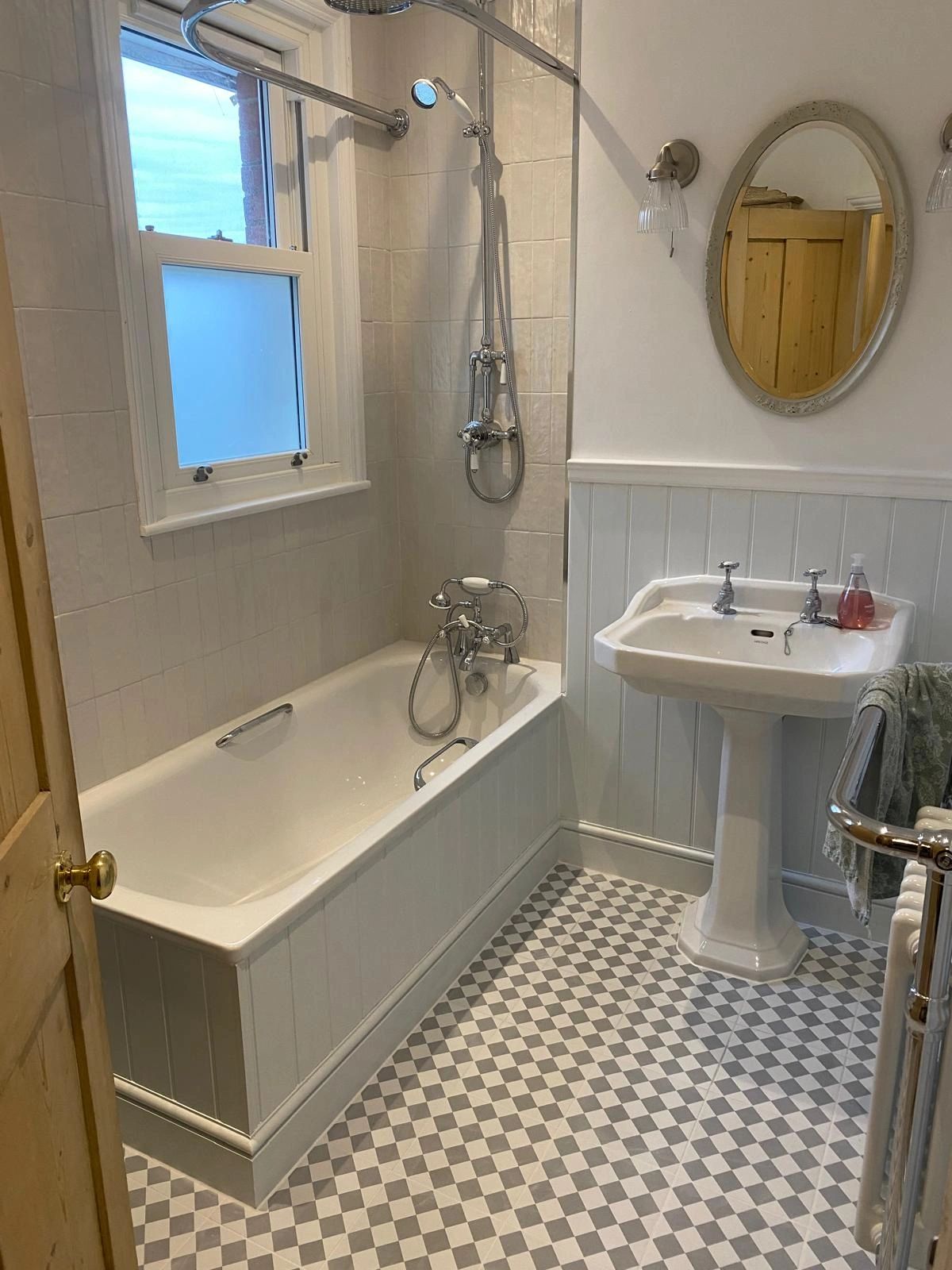 bathroom tiling, chequered pattern, grey and white, tiling Chichester.