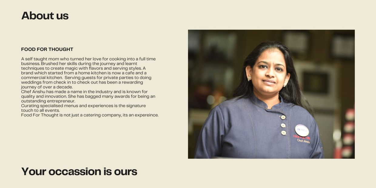 Portrait of Chef Anshu, founder of Food For Thought catering business.