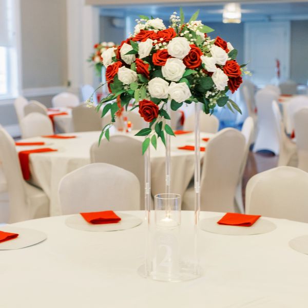 red and white centerpiece and table setting