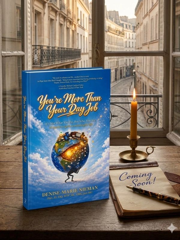 Book titled 'You're More Than Your Day Job' on a wooden table by a window with a candle and notebook.