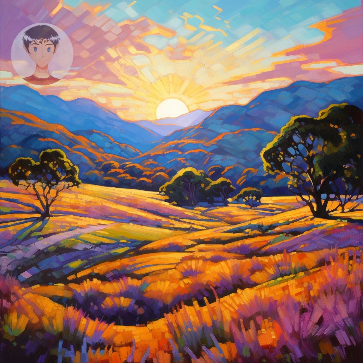 Carmel Valley rolling hills at sunrise on central coast california, monterey, fine digital art