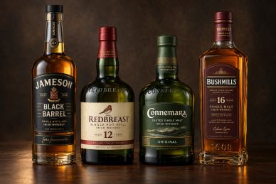 Four different whiskey bottles showcased on a wooden surface.