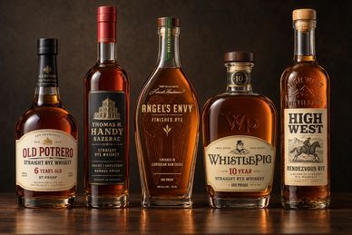 Five bottles of premium whiskey lined up on a wooden surface.