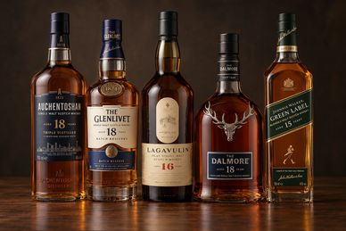Five bottles of whiskey lined up on a wooden surface.