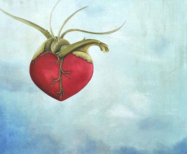 Corazón rojo con raíces y tallos verdes.