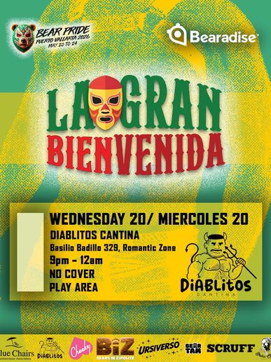 Event poster for La Gran Bienvenida at Diablitos Cantina, Puerto Vallarta.