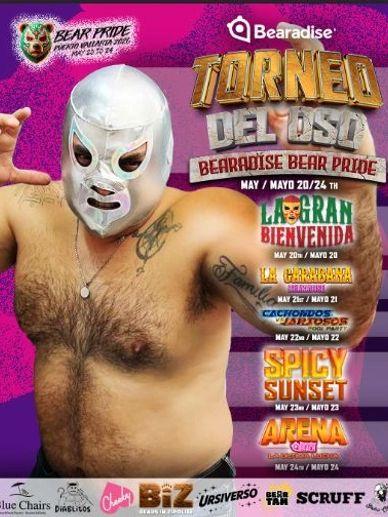 Wrestler in silver mask promoting Bear Pride event and tournament.