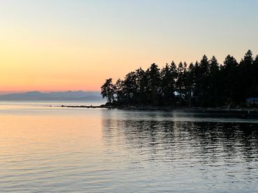 Sunset over a calm lake with silhouetted trees on the shore.