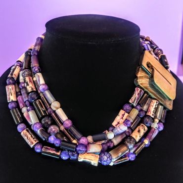 Amethyst, multi strand, purple, wooden buckle clasp, collar, purple agate, statement necklace